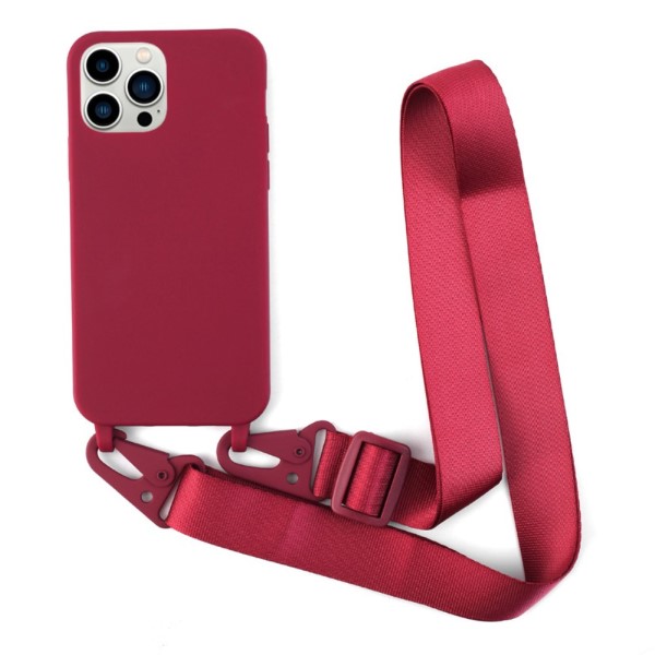 Kryt na iPhone 13 Pro Wide gumový so šnúrkou na krk červený