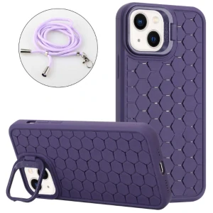 Kryt na iPhone 15 Honeycomb s podporou MagSafe a šnúrkou na krk fialový