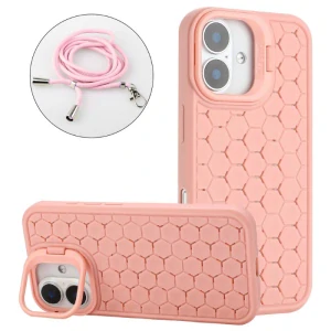 Kryt na iPhone 16 Honeycomb s podporou MagSafe a šnúrkou na krk ružový