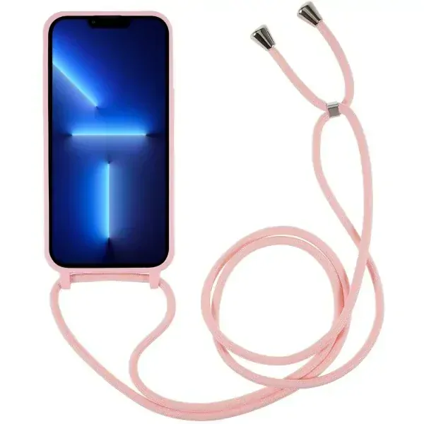 Kryt na iPhone 14 Pro gumový so šnúrkou na krk ružový