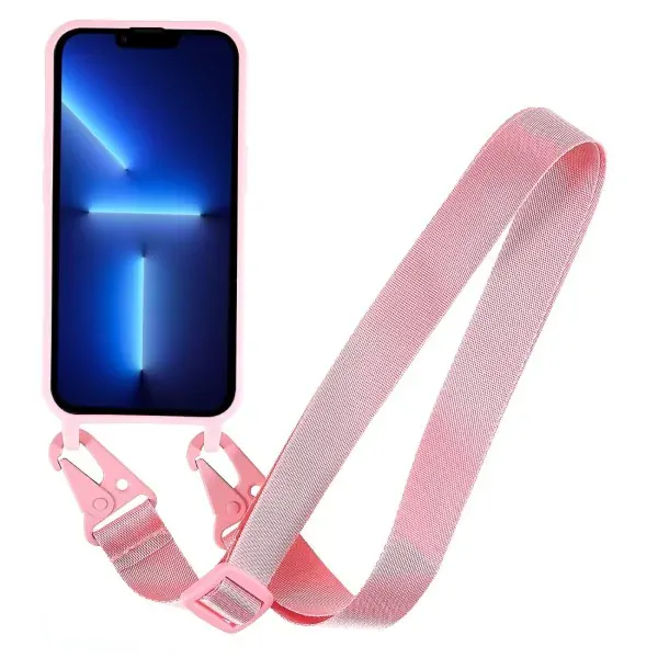 Kryt na iPhone 13 Pro Wide gumový so šnúrkou na krk ružový