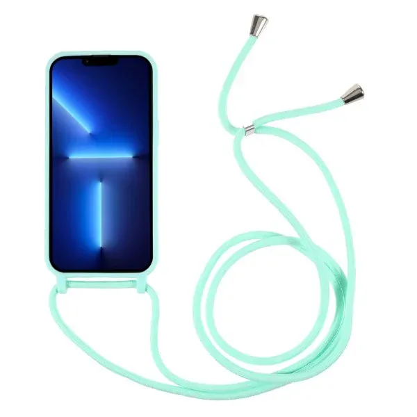 Kryt na iPhone 13 Pro Max gumový so šnúrkou na krk modrý