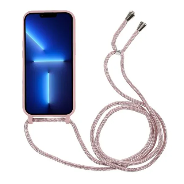 Kryt na iPhone 13 Pro Max gumový so šnúrkou na krk ružový