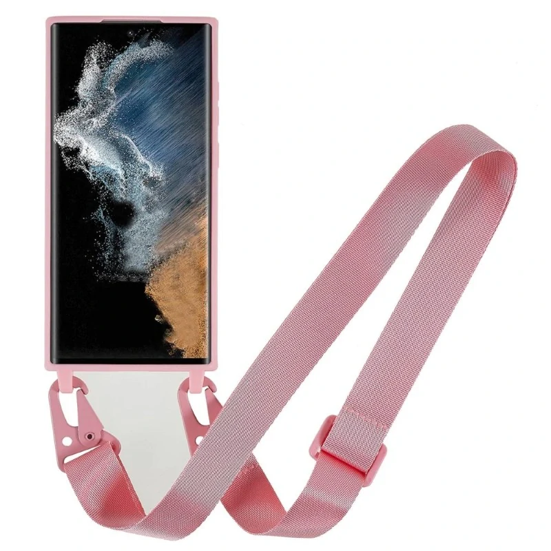 Kryt na Samsung Galaxy S22 Ultra gumový so šnúrkou na krk ružový