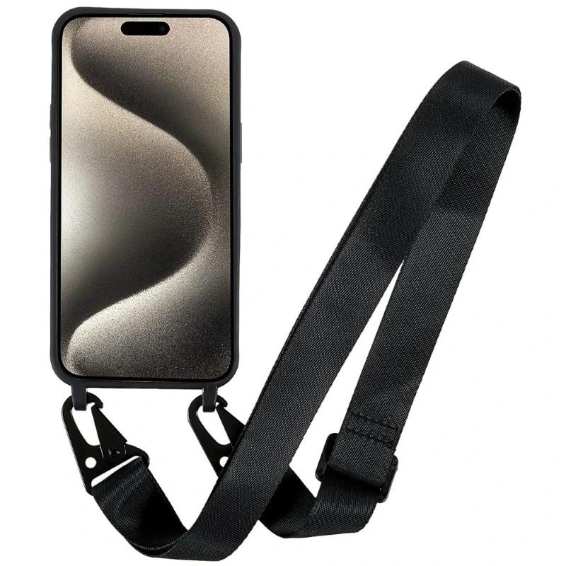 Kryt na iPhone 15 Pro gumový so šnúrkou na krk čierny