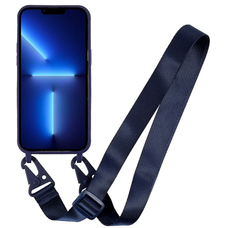 Kryt na iPhone 16 Pro gumový so šnúrkou na krk modrý