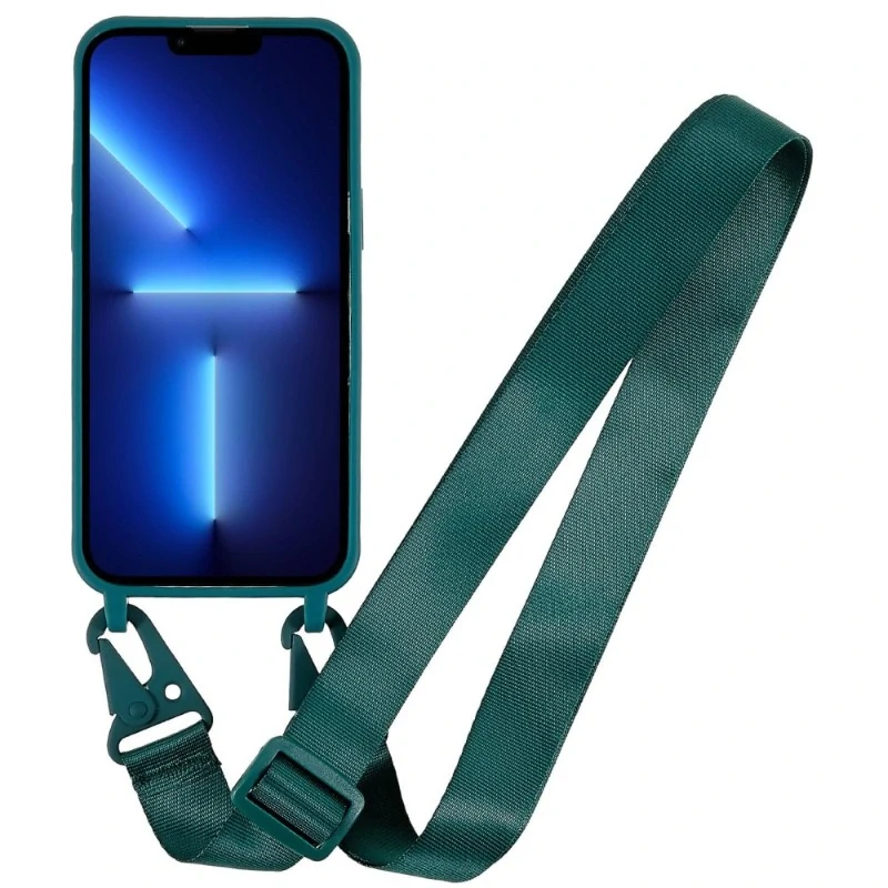 Kryt na iPhone 16 Pro Max gumový so šnúrkou na krk zelený