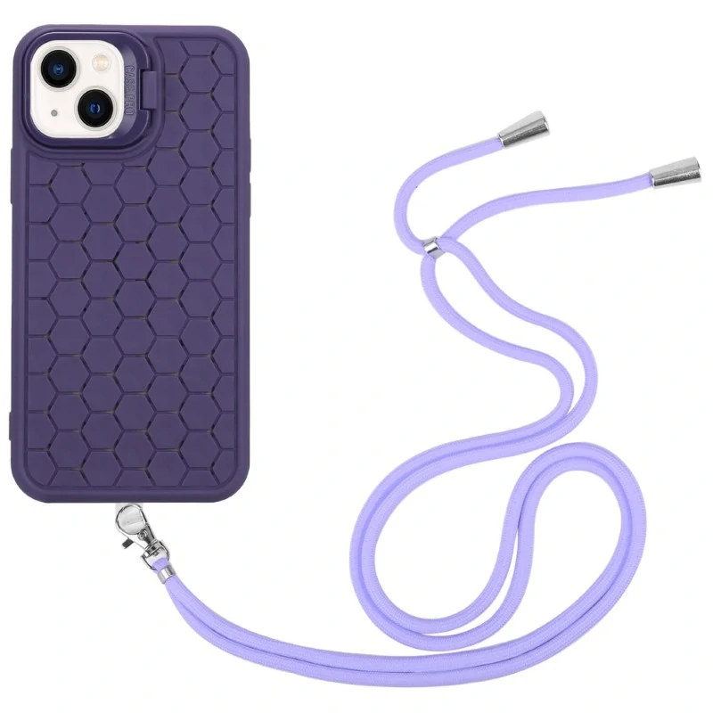 Kryt na iPhone 15 Honeycomb s podporou MagSafe a šnúrkou na krk fialový