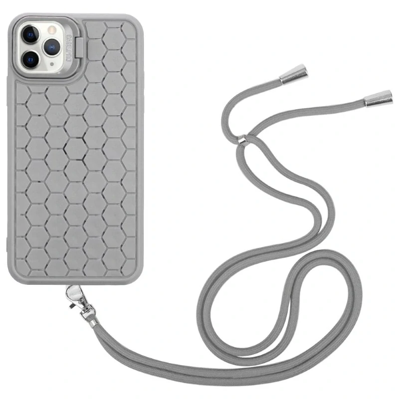 Kryt na iPhone 15 Pro Honeycomb s podporou MagSafe a šnúrkou na krk sivý