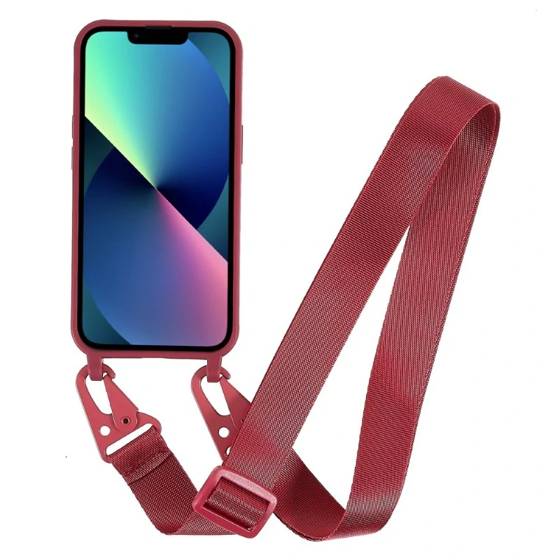 Kryt na iPhone 13 gumový so šnúrkou na krk vínový