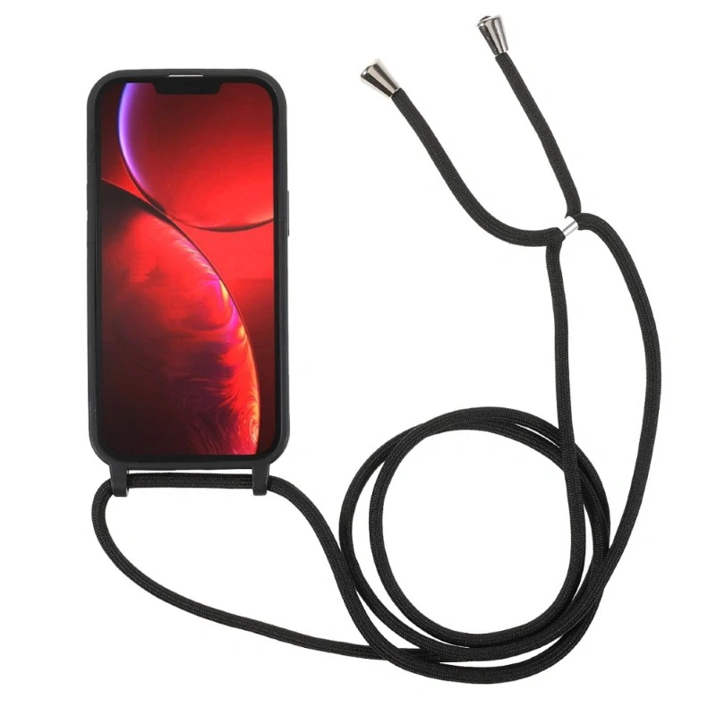Kryt na iPhone 13 Mini gumový so šnúrkou na krk čierny