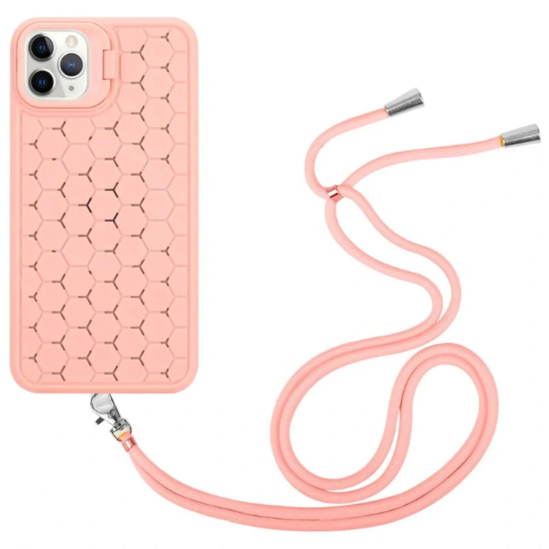 Kryt na iPhone 13 Pro Honeycomb s podporou MagSafe a šnúrkou na krk ružový