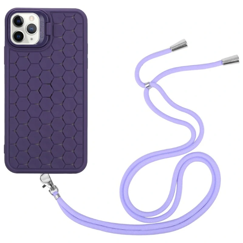 Kryt na iPhone 14 Pro Max Honeycomb s podporou MagSafe a šnúrkou na krk fialový
