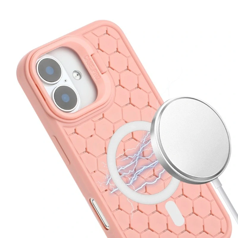 Kryt na iPhone 16 Honeycomb s podporou MagSafe a šnúrkou na krk ružový