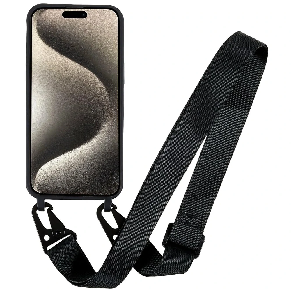 Kryt na iPhone 15 Pro Max gumový so šnúrkou na krk čierny