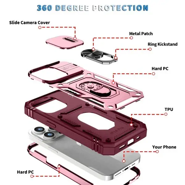 Kryt na iPhone 14 Pre odolný s krytkou na fotoaparát vínový