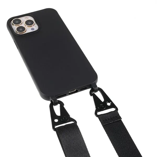 Kryt na iPhone 13 Pro Wide gumový so šnúrkou na krk čierny