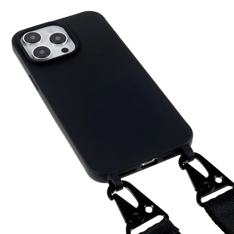 Kryt na iPhone 15 Pro gumový so šnúrkou na krk čierny