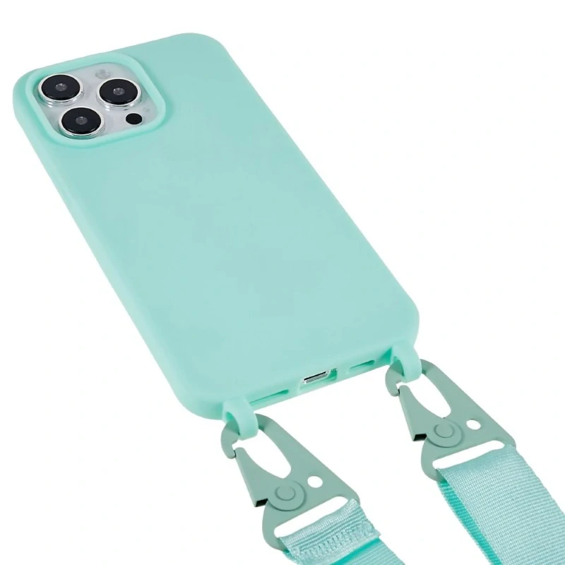 Kryt na iPhone 16 Pro gumový so šnúrkou na krk svetlo modrý
