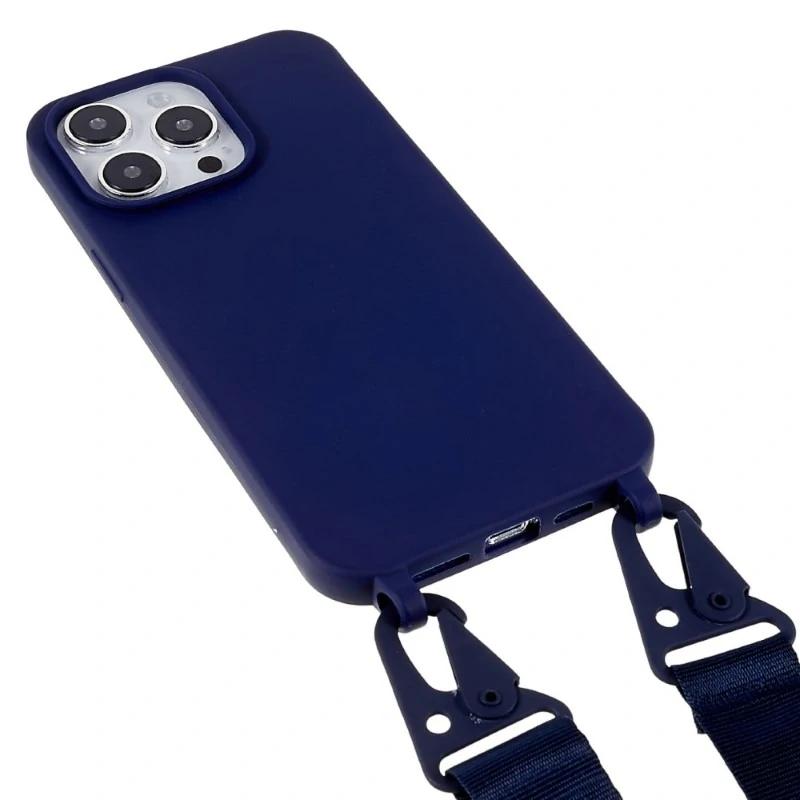Kryt na iPhone 16 Pro Max gumový so šnúrkou na krk tmavomodrý