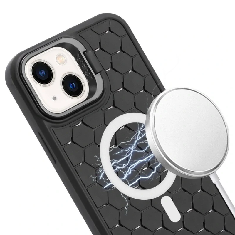 Kryt na iPhone 15 Honeycomb s podporou MagSafe a šnúrkou na krk čierny
