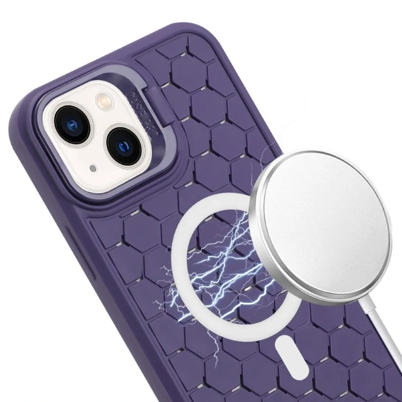 Kryt na iPhone 15 Honeycomb s podporou MagSafe a šnúrkou na krk fialový