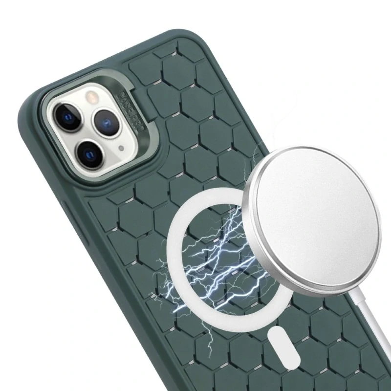Kryt na iPhone 12 / 12 Pro Honeycomb s podporou MagSafe a šnúrkou na krk zelený