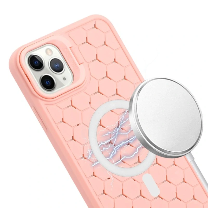 Kryt na iPhone 14 Pro Max Honeycomb s podporou MagSafe a šnúrkou na krk ružový