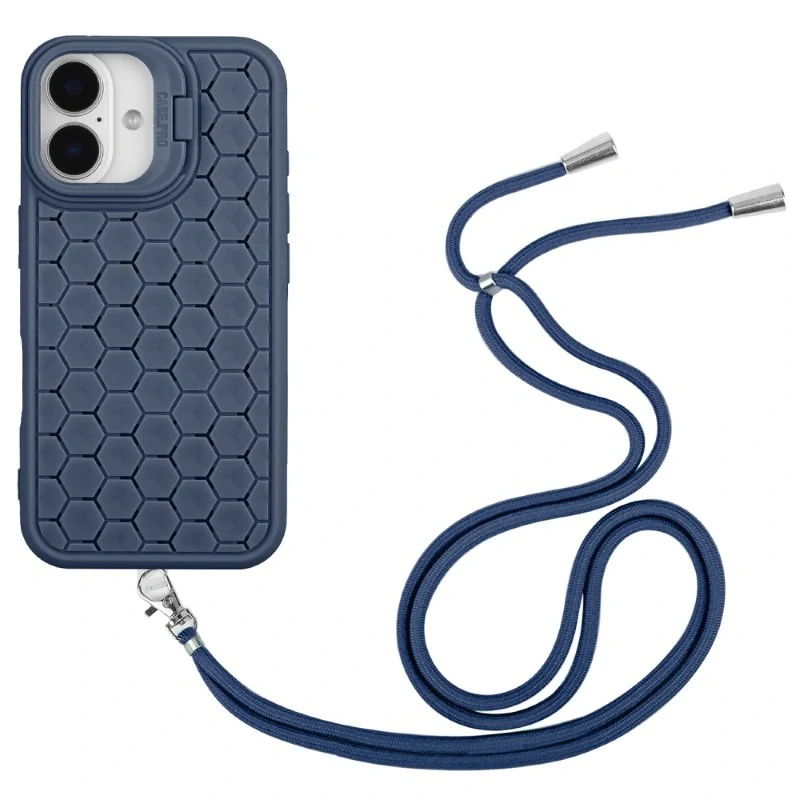 Kryt na iPhone 16 Honeycomb s podporou MagSafe a šnúrkou na krk modrý