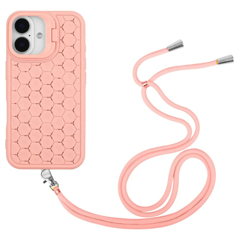 Kryt na iPhone 16 Honeycomb s podporou MagSafe a šnúrkou na krk ružový