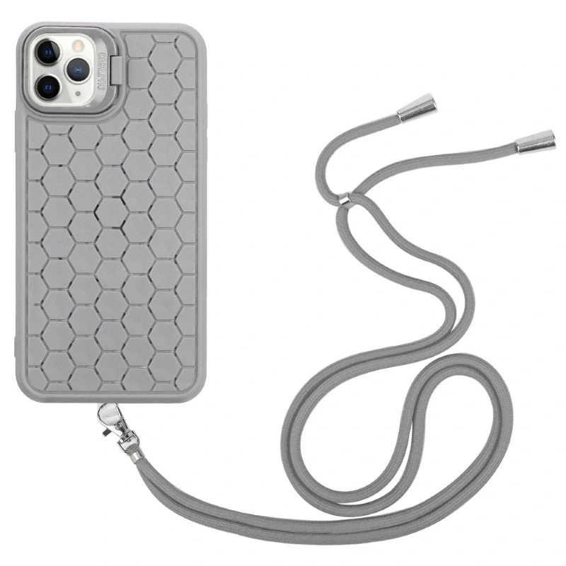Kryt na iPhone 16 Pro Honeycomb s podporou MagSafe a šnúrkou na krk šedý
