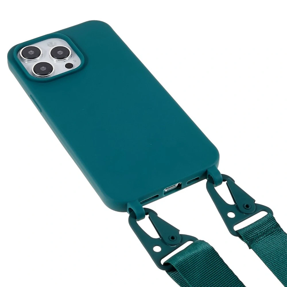 Kryt na iPhone 15 Pro Max gumový so šnúrkou na krk zelený