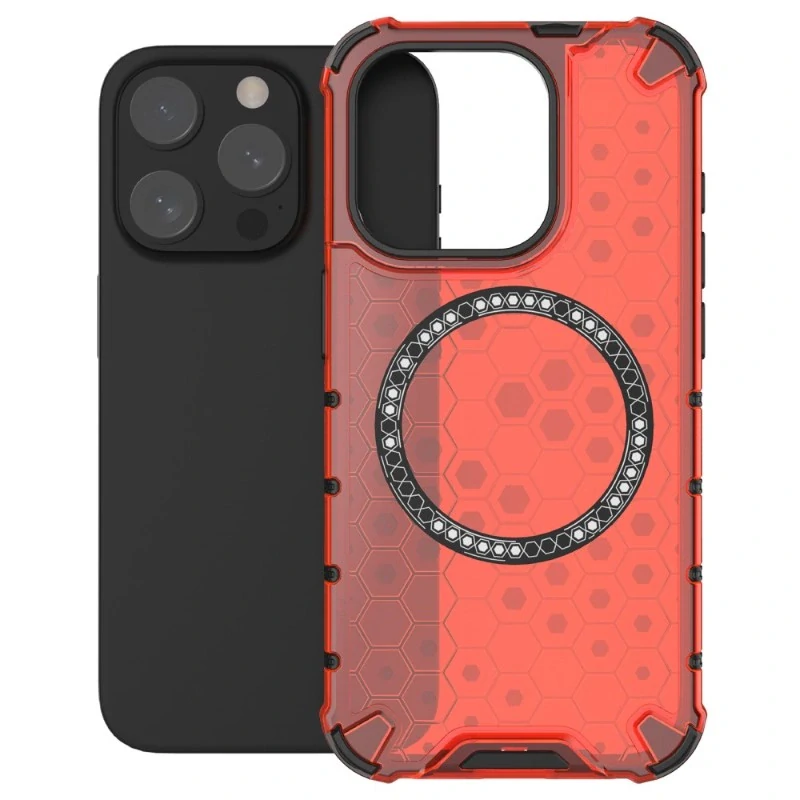 Kryt na iPhone 15 Pro odolný Honeycomb s podporou Magsafe červený