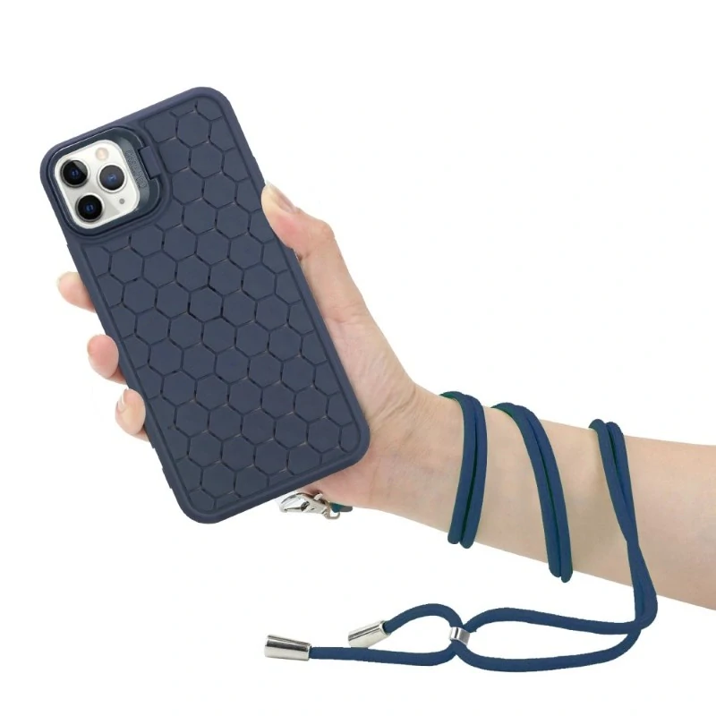 Kryt na iPhone 15 Pro Honeycomb s podporou MagSafe a šnúrkou na krk modrý