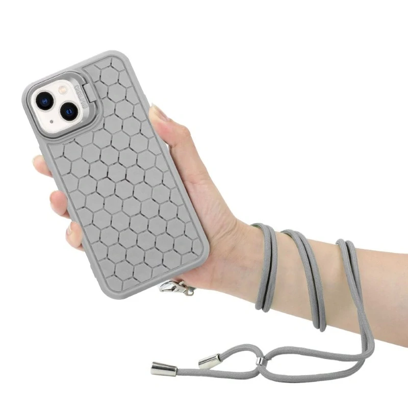 Kryt na iPhone 13 Honeycomb s podporou MagSafe a šnúrkou na krk sivý