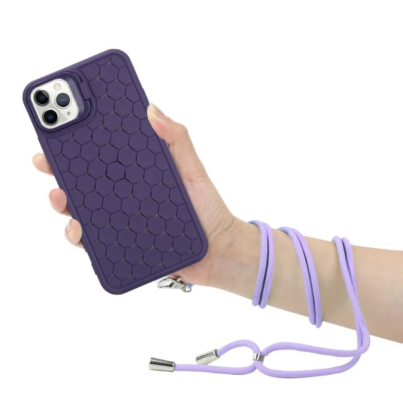 Kryt na iPhone 13 Pro Honeycomb s podporou MagSafe a šnúrkou na krk fialový