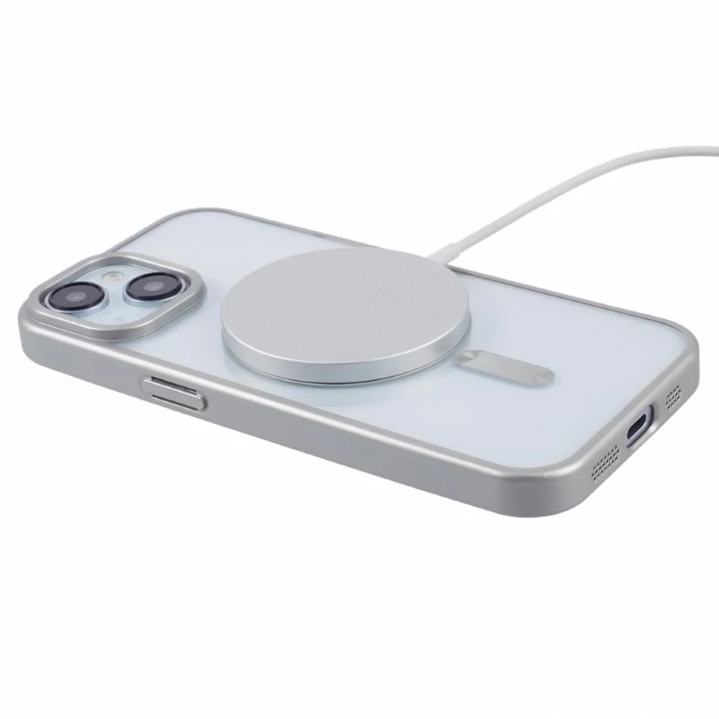Kryt na iPhone 14 gumový s podporou MagSafe strieborný