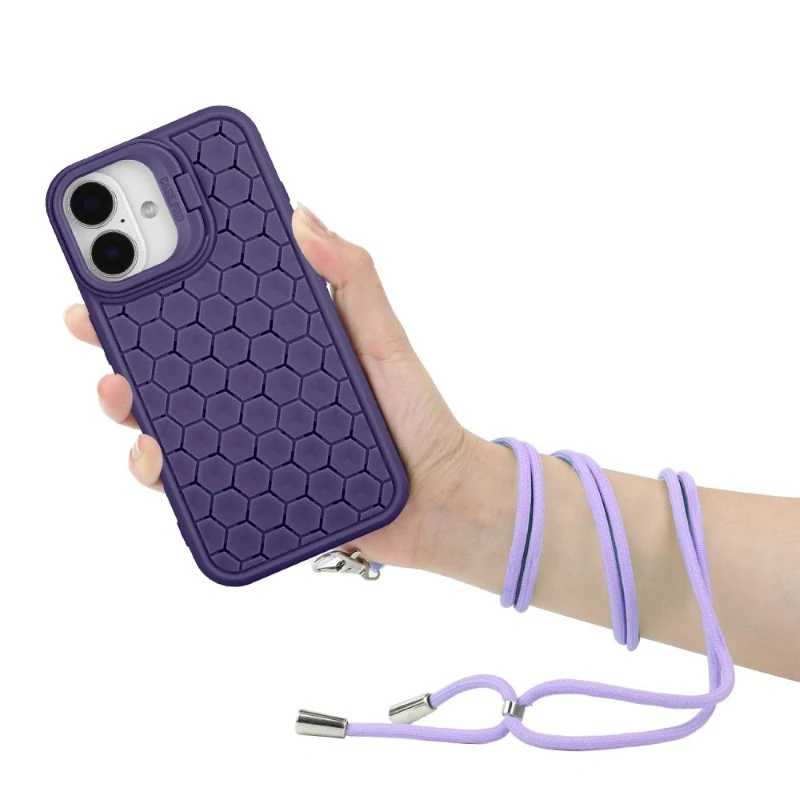 Kryt na iPhone 16 Honeycomb s podporou MagSafe a šnúrkou na krk fialový