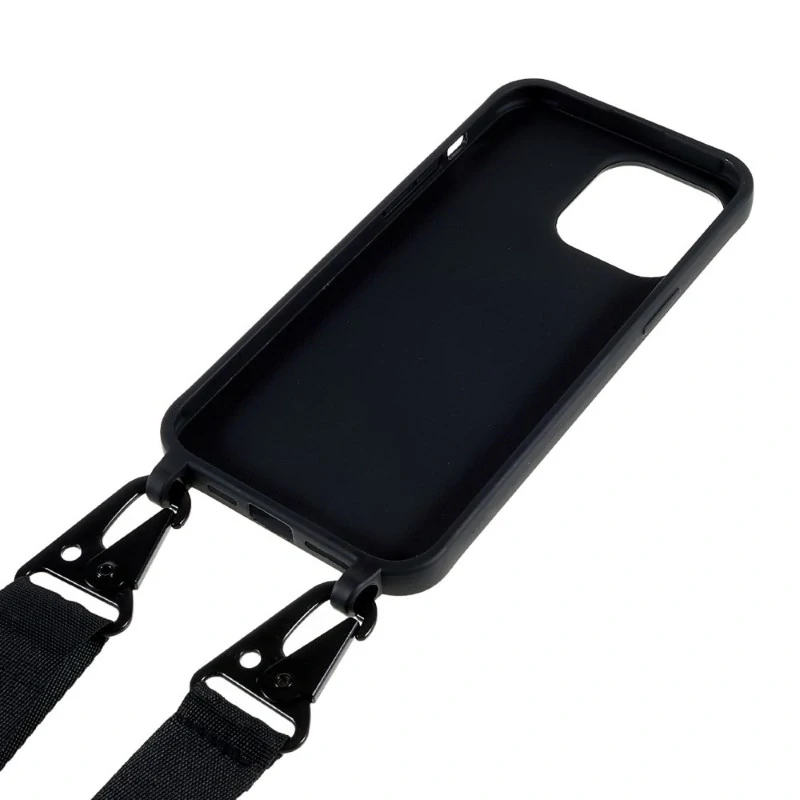 Kryt na iPhone 15 Pro gumový so šnúrkou na krk čierny