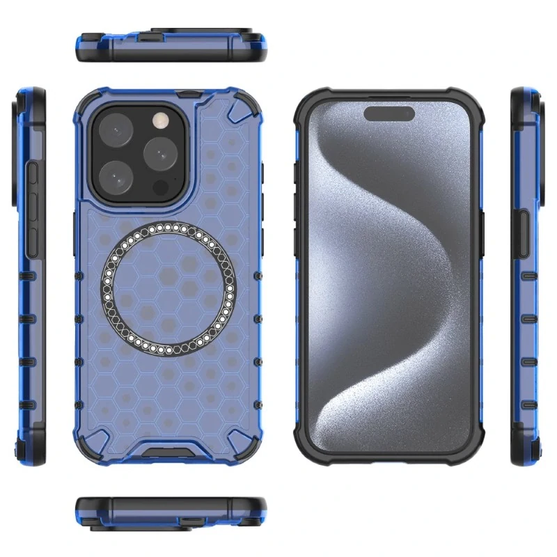 Kryt na iPhone 15 Pre odolný Honeycomb s podporou Magsafe modrý