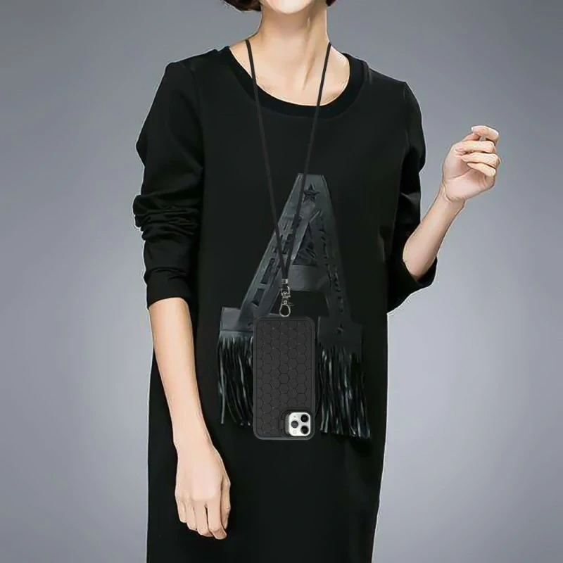 Kryt na iPhone 13 Pro Honeycomb s podporou MagSafe a šnúrkou na krk čierny