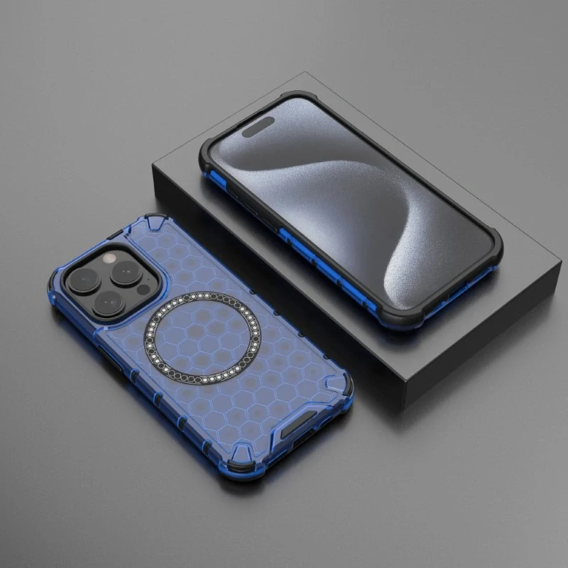 Kryt na iPhone 15 Pre odolný Honeycomb s podporou Magsafe modrý