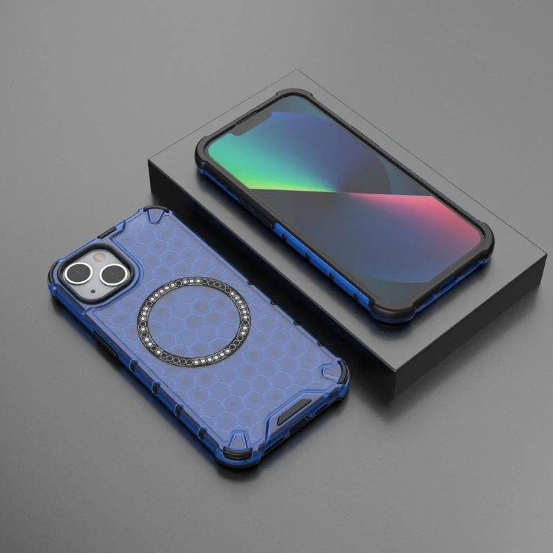 Kryt na iPhone 13 odolný Honeycomb s podporou Magsafe modrý