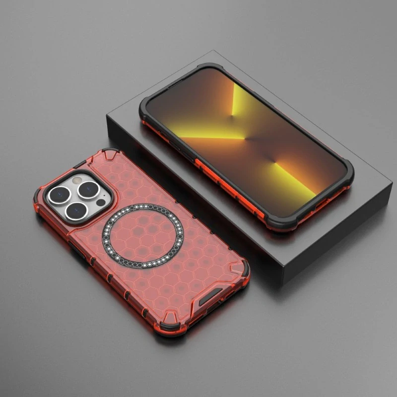 Kryt na iPhone 14 Pro odolný Honeycomb s podporou MagSafe červený