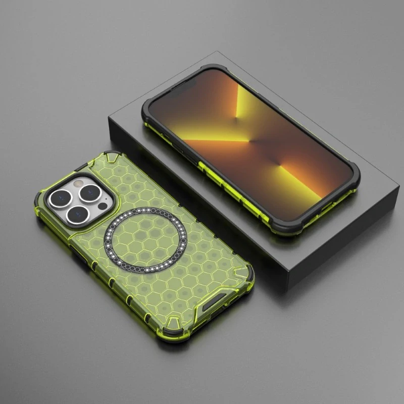 Kryt na iPhone 13 Pro Max odolný Honeycomb s podporou MagSafe zelený