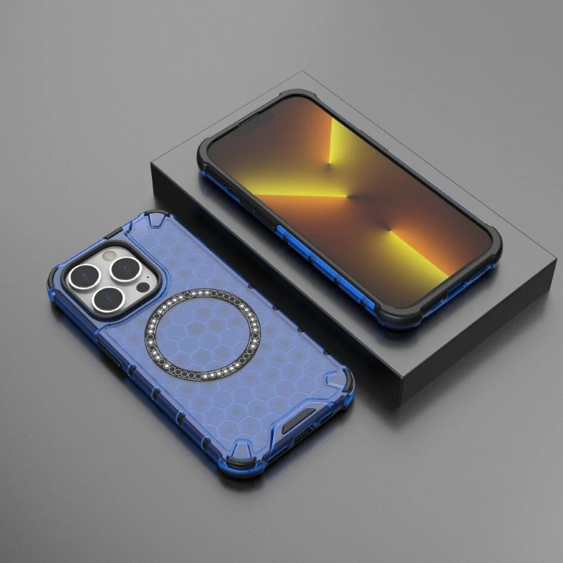Kryt na iPhone 13 Pro Max odolný Honeycomb s podporou Magsafe modrý