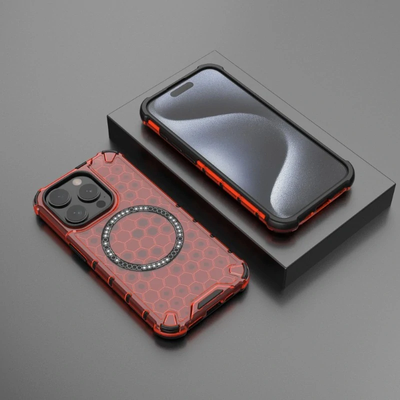 Kryt na iPhone 15 Pro Max odolný Honeycomb s podporou MagSafe červený