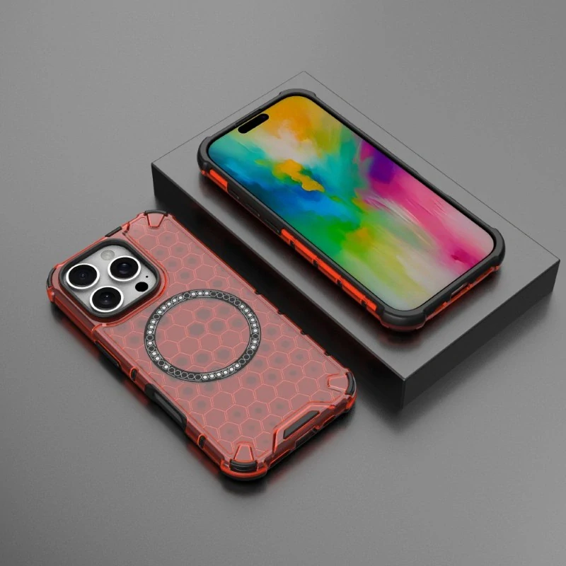 Kryt na iPhone 16 Pro Max odolný Honeycomb s podporou MagSafe červený