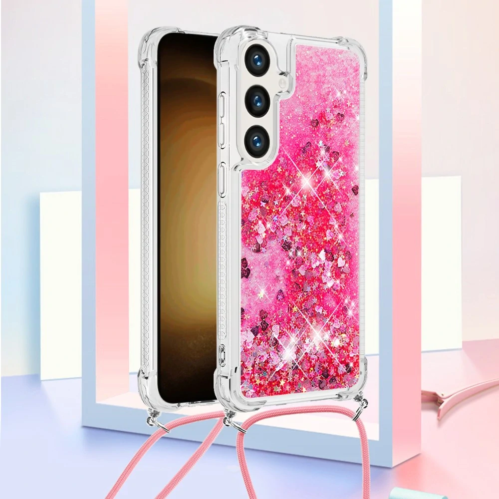 Kryt na Samsung Galaxy S24 Hviezdičky so šnúrkou na krk ružový
